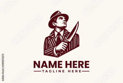Vintage butcher logo with man holding knife.