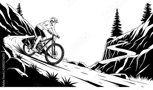 Mountain biker on winding trail with cliffs and pine trees adventure vector illustration
