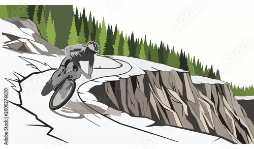 Cyclist riding mountain trail near cliffs and pine forest modern vector art