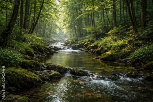 Calm watercourse flowing through verdant woods with soothing natural vibes