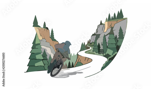 Mountain biking adventure on winding forest trail with cliffs vector illustration