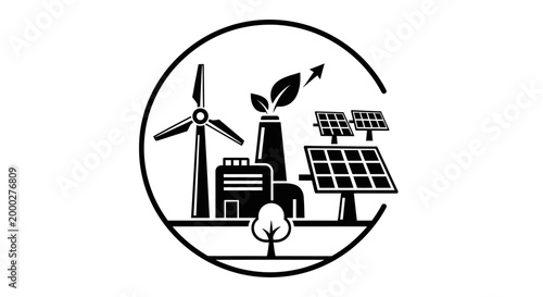 Clean energy sources symbol wind turbine solar panels and plant in circle