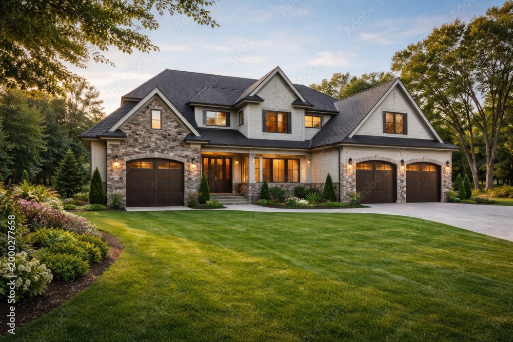 Fototapeta premium Custom built deluxe home showcasing a roomy double door garage and open yard