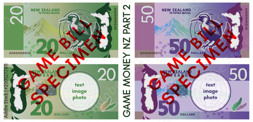 Vector set of fictitious game banknotes. Obverse and reverse. 20 and 50 dollar New Zealand notes. Graphic kiwi bird, mountains and flag. Empty circle, text, picture, photo. Aotearoa. Twenty, fifty. 2