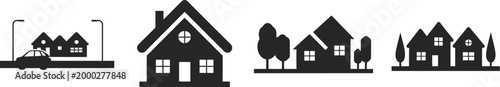 Residential street silhouette icon set with housing blocks, street scenery, and suburban environment symbols in black vector style for city planning graphics