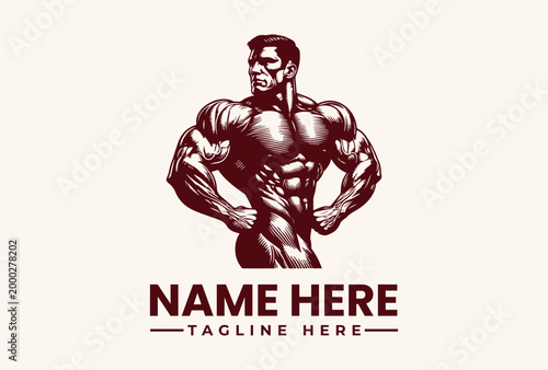 Muscular man flexing his muscles logo template.