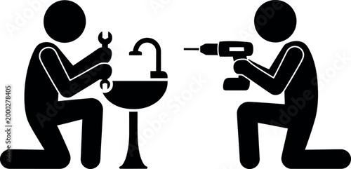 Two plumbers fixing sink and wall with tools in a bathroom