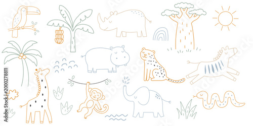 Sweet Savannah safari animals doodle including elephant rhino cheetah hippo and monkey