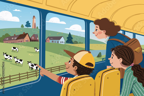 Field Trip Bus Scene With Children Pressing Faces