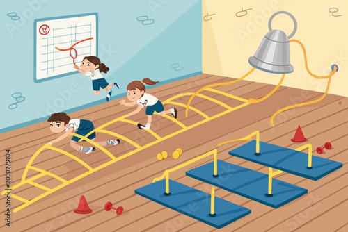 Konstfotografi Gym Class Obstacle Course Scene With Children Craw