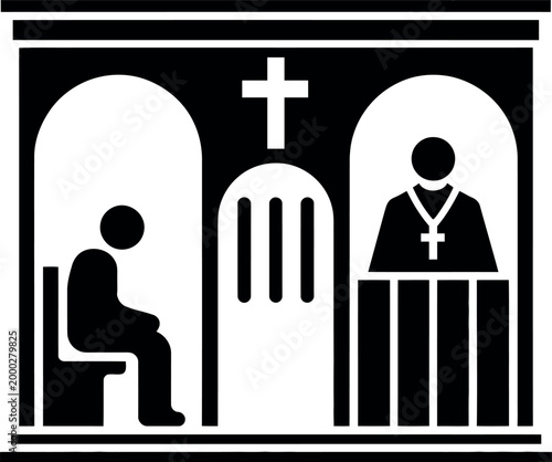 Person kneeling in church during religious service with priest standing beside altar