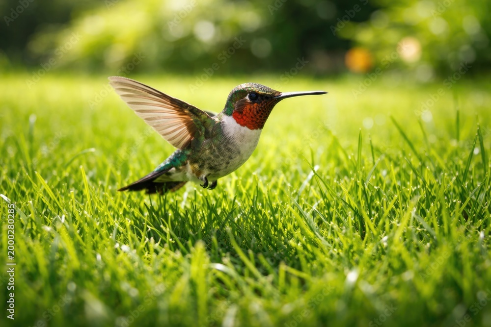 Fototapeta premium Energetic pet hummingbird buzzing through a dense green grass lawn on a clear summer day shown in full length