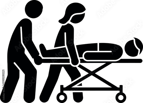 Medical professionals pushing patient on stretcher in emergency care
