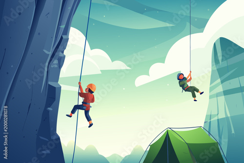 Rock Climbing Scene With Children Ascending Sandst