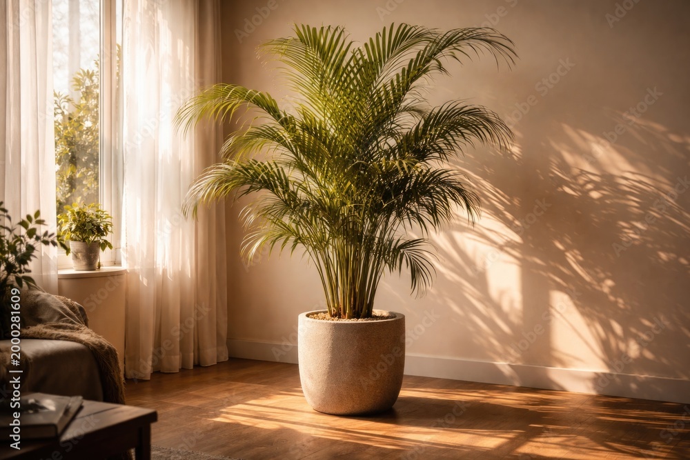 Fototapeta premium Areca palm plant in pot enjoying afternoon sun with elongated indoor shadows