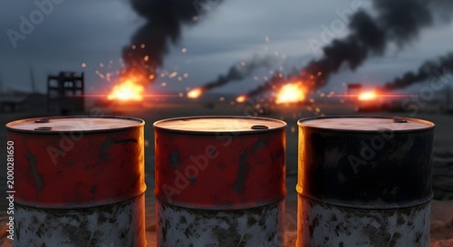 Industrial Fire Scene with Oil Barrels and Flames at Night