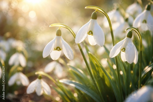 Close up of snowdrop blossoms illuminated by spring sun on postcard