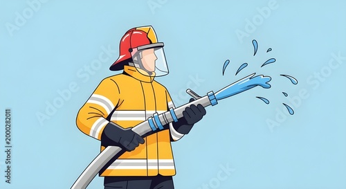 Firefighter Using Hose Spraying Water Cartoon Illustration