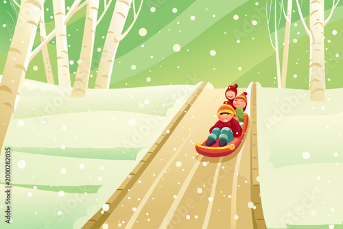 Toboggan Run Scene With Children Racing Down a Lon