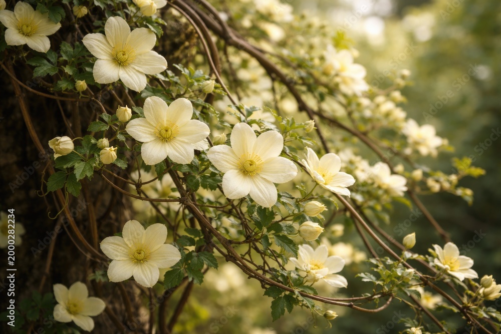 Fototapeta premium Early blooming pale yellow vine flower Wisely Cream growing on wild tree branches