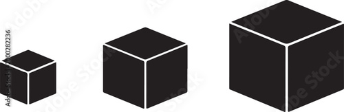 Geometric 3D cube icon sequence scaling left to right, bold black silhouette vector design set