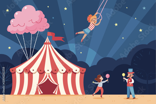 Wide Circus Tent Scene With Acrobats Flying Throug