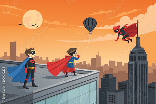 Wide City Rooftop Scene With Children in Superhero