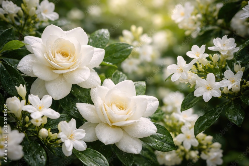 Fototapeta premium Fresh gardenia and jasmine flowers blooming with delicate petals