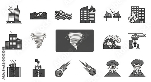 Collection of disaster icons representing natural and man made catastrophes.