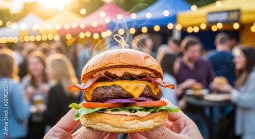 Delicious burger with bacon and cheese at outdoor food festival