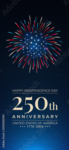Banner 250th anniversary of USA. 250 years of independence. 4th of july 2026 usa independence day. US flag fireworks, golden text on dark blue sky background. Vector greeting card. Fourth of july