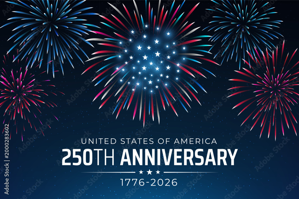 Obraz premium Banner 250th anniversary of USA. 250 years of independence. 4th of july 2026 usa independence day, vector greeting card. US flag fireworks on dark sky background. Blue sky background. Fourth of july