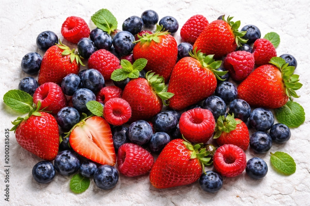 Obraz premium Juicy variety of strawberries blueberries and raspberries artistically laid out on white stone