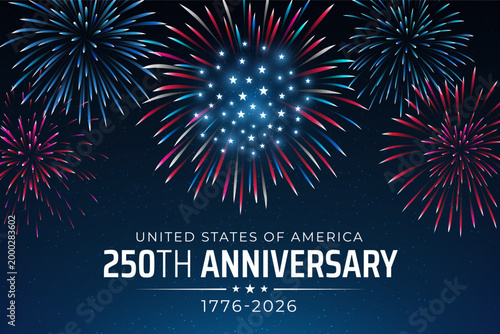 Banner 250th anniversary of USA. 250 years of independence. 4th of july 2026 usa independence day, vector greeting card. US flag fireworks on dark sky background. Blue sky background. Fourth of july