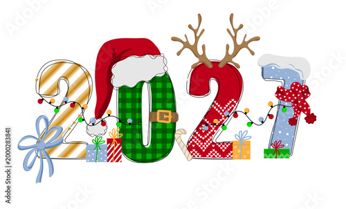 Hand drawn doodle number of 2027 with scarf,  santa hat, antler and garlands. Happy new year. Christmas design for poster, banner, t shirt, card, flyer. Vector illustration
