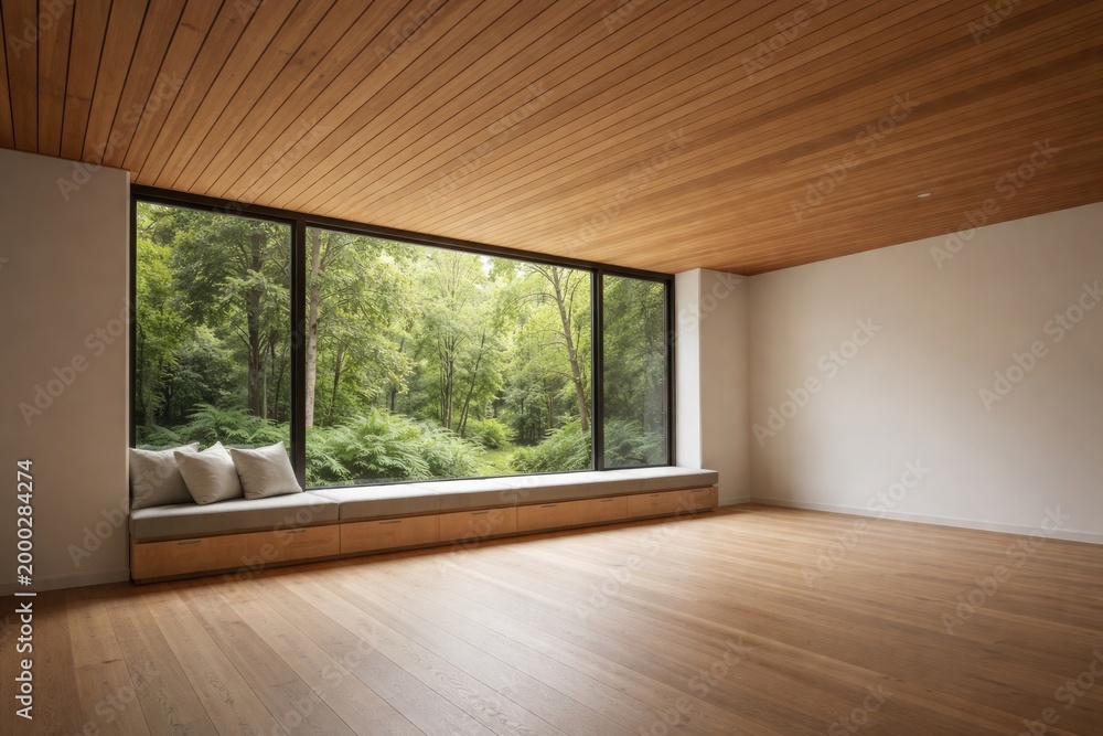 Fototapeta premium Open contemporary empty interior with wooden plank ceiling and expansive window seat facing greenery