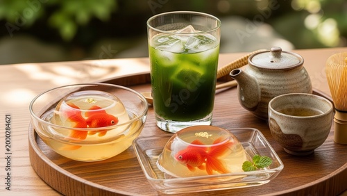 Two transparent jelly desserts with orange goldfish shapes and gold leaf served with a glass of iced matcha and traditional tea set on a wooden tray. Zen aesthetic and summer refreshment concept