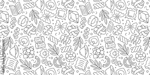 Italian pasta seamless pattern outline, linear food background, repeat texture illustration