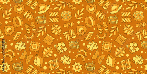 Italian pasta seamless pattern colorful, food background, banner with ornament