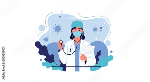 Professional female doctor wearing a face mask and holding a stethoscope and a medical report against a backdrop with virus icons.