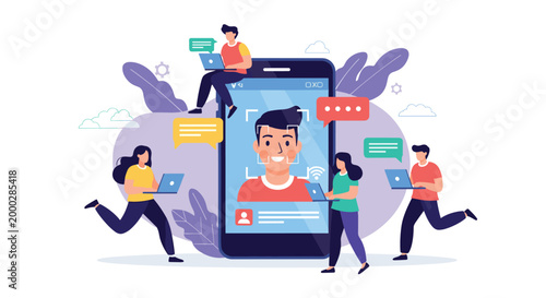 Technology concept showing professionals using laptops to access security and facial recognition features on a giant smartphone.