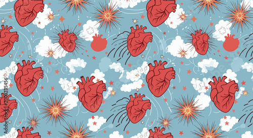 Unique seamless pattern featuring anatomical red hearts, bright stars, and soft clouds on a light blue background for creative designs.