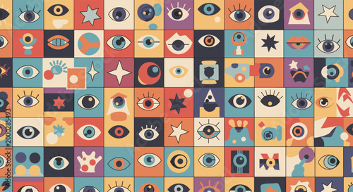Colorful grid of squares contains various stylized eye icons, stars, and abstract graphic patterns in a unique and vibrant retro design style.