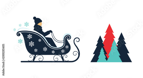 Person dressed in dark winter clothing rides a decorative sleigh past colorful stylized pine trees and white snowflakes in a snowy landscape.