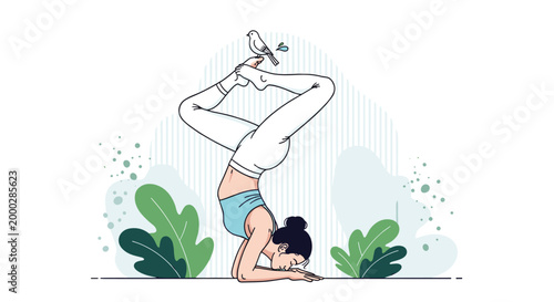 Woman performs a challenging yoga headstand pose in a peaceful outdoor setting while a small white bird balances gracefully on her feet.