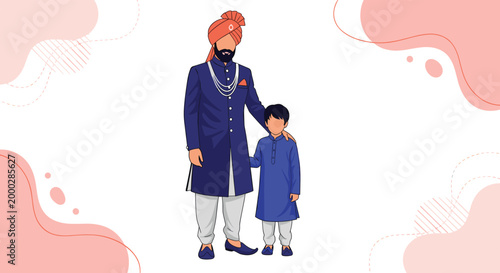 Father and his young son stand together wearing traditional blue Indian sherwani outfits and turbans against a soft pink abstract backdrop.