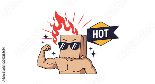 Muscular man with a paper bag over his head and sunglasses shows off his biceps next to a flame and a banner with the word HOT on it.