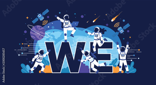 Team of five astronauts floats around a giant letter WE in deep space, depicting collaboration and teamwork among planets and satellites.