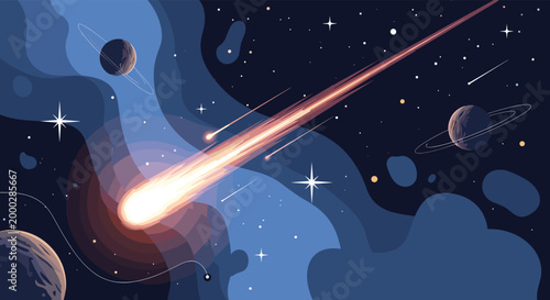 Bright comet with a long glowing tail streaks across the dark night sky past several ringed planets, distant stars, and nebula clouds.