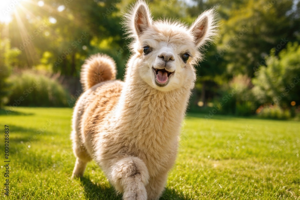 Fototapeta premium A lively and cute llama pet showing a vibrant mood on a sunny grass lawn
